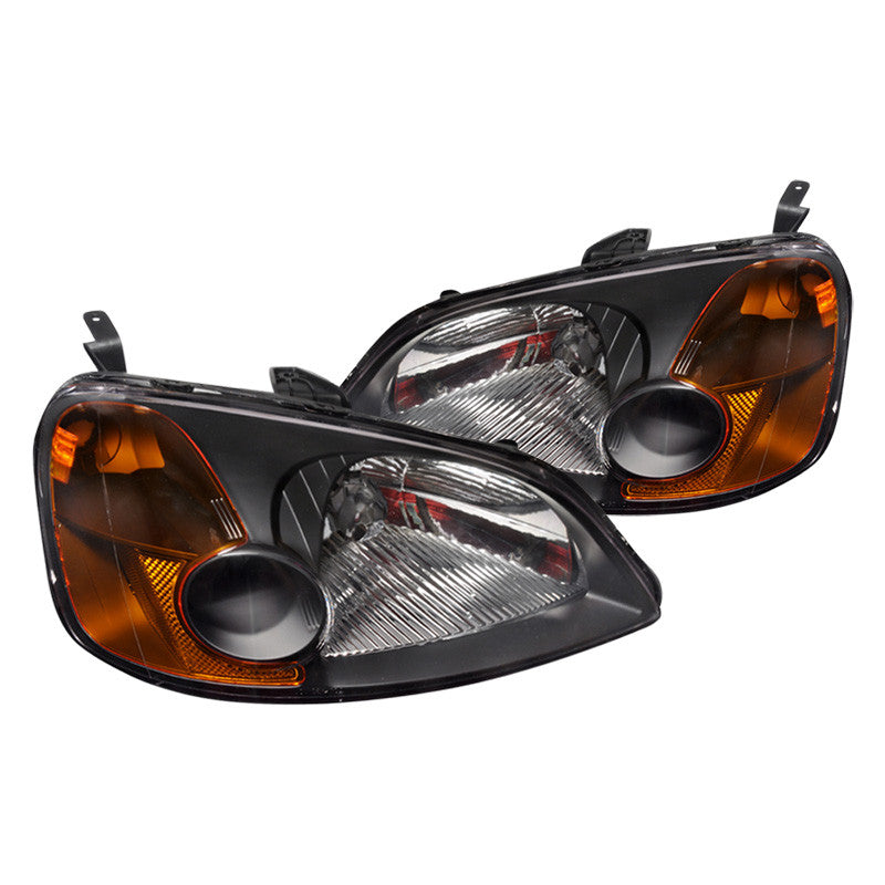 Spec-D 01-03 Honda Civic Headlights Black Amber Reflectors